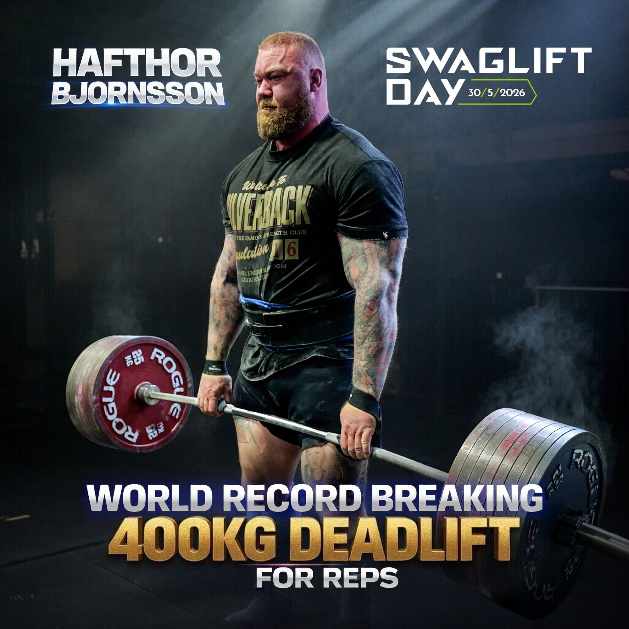 Soutěžící zvedá činku při deadlift soutěži ve venkovní aréně SWAGLIFT DAY
